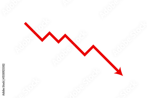 A red zigzag arrow pointing downwards indicating a sharp decline or downward trend isolated on transparent background