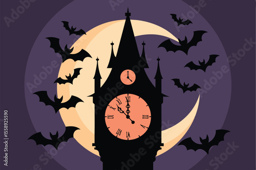 Spooky Halloween Midnight Bats Flying Around Clock Tower Against Crescent Moon Silhouette Background