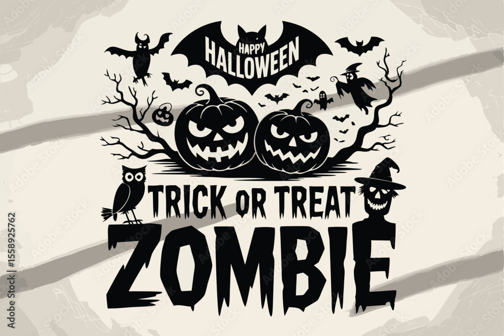 Obraz premium Spooky Halloween with Pumpkins, Bats, Ghosts, Zombie, Owl, and Trick or Treat Message