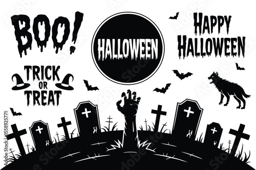 Spooky Halloween Silhouette with Tombstones, Zombie Hand, Bats, Wolf, Boo, and Trick or Treat
