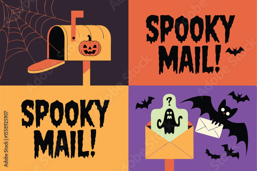 Spooky Mail Illustration of Halloween Mailbox with Pumpkin, Ghost Letter, and Bat Carrying Envelope