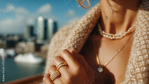 Elegant woman showcasing luxury jewelry with urban waterfront backdrop in sunny weather