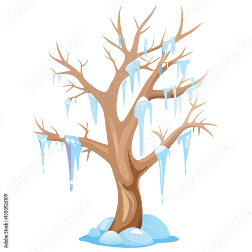 Cartoon winter tree with icicles and snow landscape frozen nature seasonal illustration graphic design