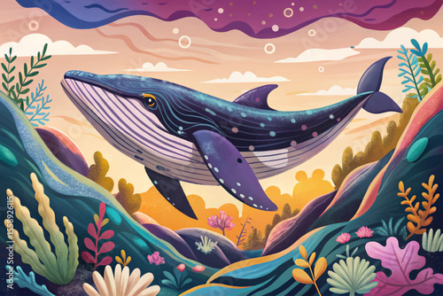 majestic whale gliding peacefully through the deep blue ocean depths, ideal for marine life themes, nature visuals, or educational content