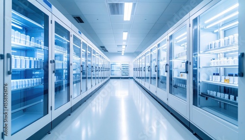 A bright, sterile laboratory storage room with glass-door refrigerators filled with bottles and samples, featuring a clean, white floor and ceiling lights.