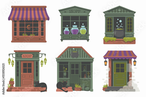 Whimsical Cartoon Illustration of Magical Shops with Potions, Cauldrons, and Cats Relaxing