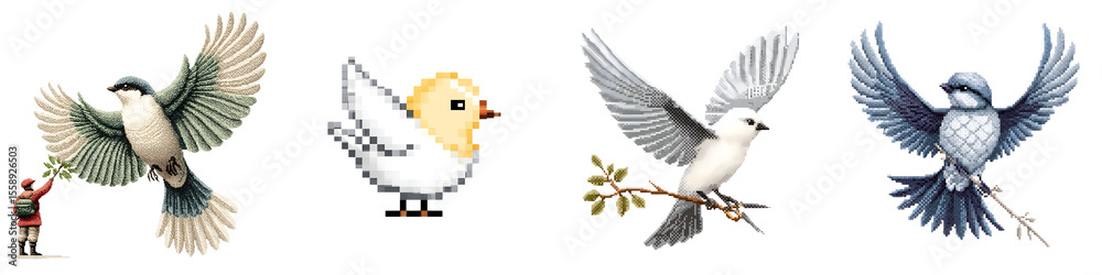 Obraz premium Four Different Style Birds in Flight on White Background