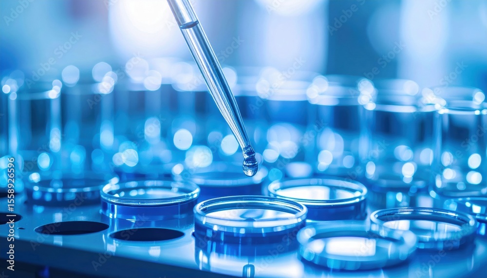 A pipette dispensing liquid into a petri dish, set against a blurred background of multiple petri dishes in a laboratory environment. A pipette dispensing liquid into a petri dish, set against a blurred background of multiple petri dishes in a laboratory environment.