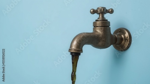 Contaminated Water Pouring from Faucet: A vintage faucet, set against a calming blue backdrop, pours a stream of contaminated water.