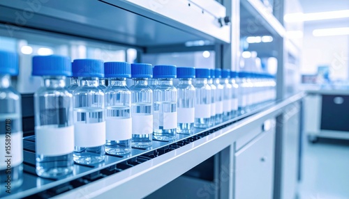 Row of clear vials with blue caps neatly arranged on a laboratory shelf, reflecting a clean, sterile scientific environment.