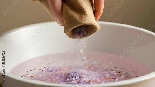 Hand pouring lavender bath salts into a white bowl filled with pink water, creating a relaxing atmosphere