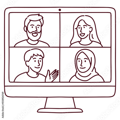 Black and white line drawing of four people in online video meeting on computer screen, suitable for coloring books and educational design