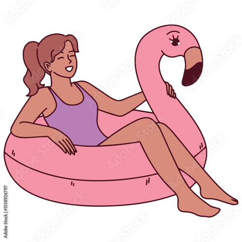 Dark skinned young woman in swimsuit relaxes on pink flamingo float in pool, enjoying summer vacation and sunny day, cut out, cutout