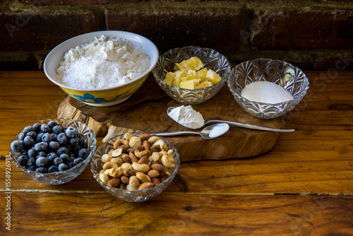 Ingredients, measured out for baking pastries.