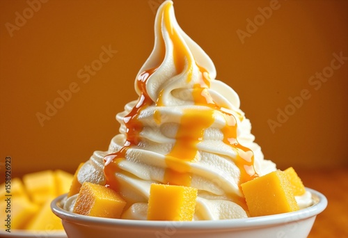 Swirled mango soft topped with syrup, mango cubes, and tropical flair