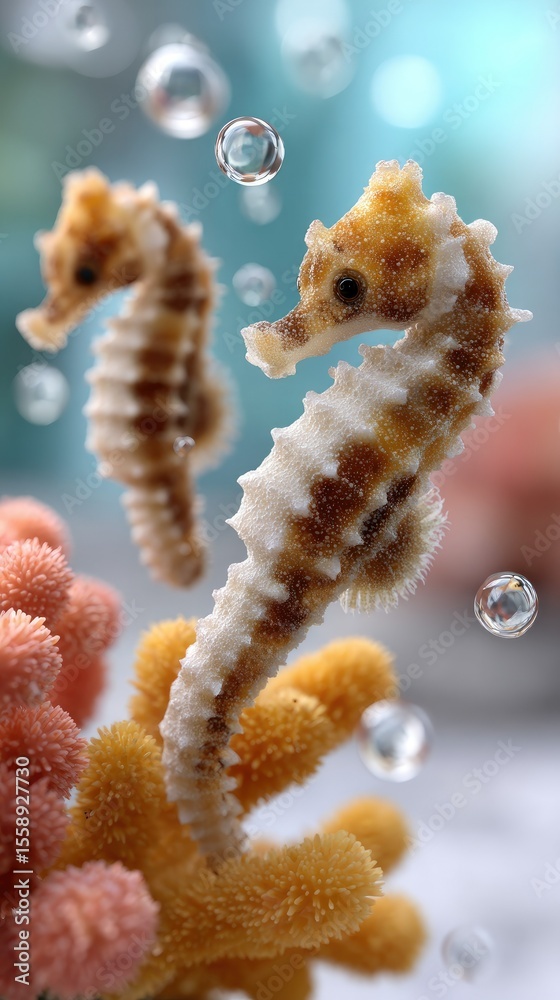 Fototapeta premium Colorful underwater illustration featuring cheerful seahorses exploring vibrant coral reefs with bubbles in a lively aquatic environment