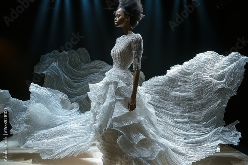 Woman in white dress with long train.