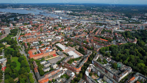 Aerial view of the old town of the city Kiel in Germany on an overcast day in afternoon