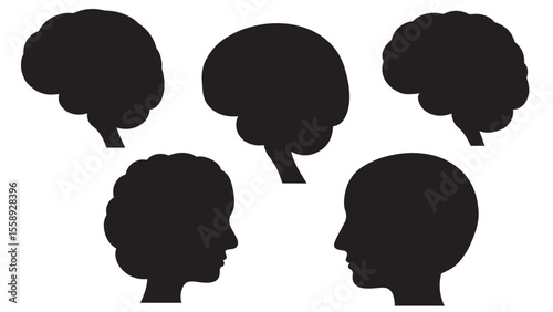 Human head silhouettes with brain for medical illustration