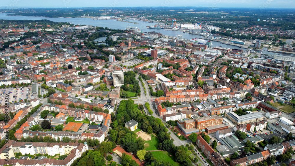 Fototapeta premium Aerial view of the old town of the city Kiel in Germany on an overcast day in afternoon