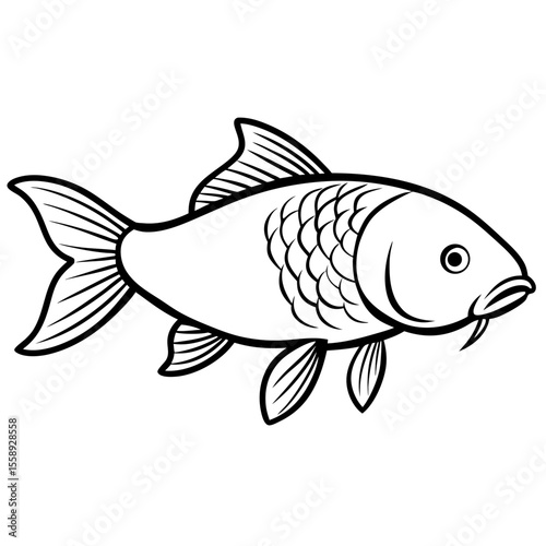 Black and white illustration of a koi fish swimming  