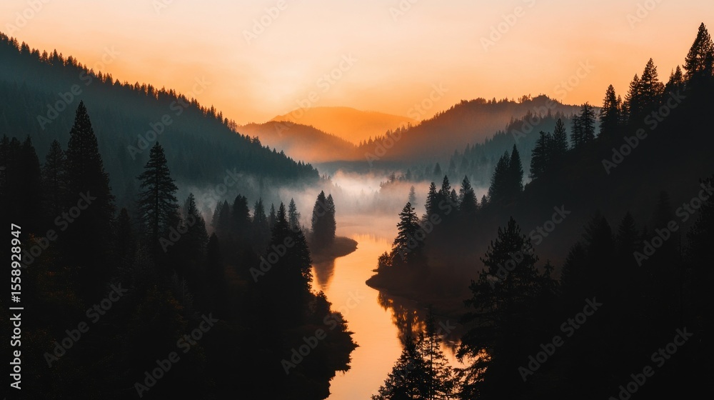 Obraz premium A beautiful serene mountain river landscape at sunset