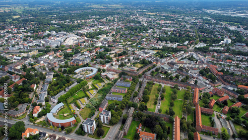 Aerial view of the old town of the city Neumünster in Germany on an overcast day in afternoon