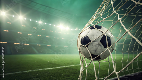 Dramatic Soccer Goal Perspective Capturing the Thrill of the Game in a Stadium Lit Arena