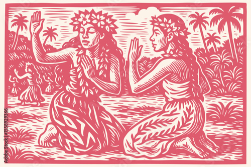 Two Hawaiian women perform a traditional hula dance on a tropical island. Vector illustration in a vintage red woodcut or linocut print style for travel themes.