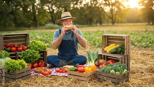 Happy farmer enjoying a fresh vegetable sandwich surrounded by harvest in a sunny field