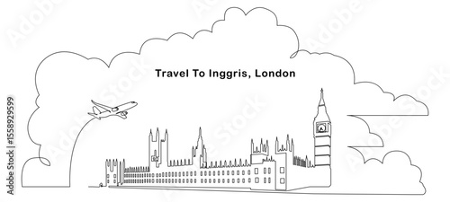 Minimalist one-line drawing of various iconic buildings in London, including Big Ben and the Palace of Westminster, with an airplane flying overhead and cloud elements in the background.