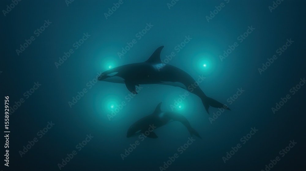 Obraz premium Two orcas swim in the dark blue water with glowing lights