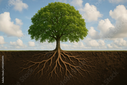 A tree with its roots visible in the dirt. The roots are deep and spread out, showing the tree's strength and resilience. Concept of growth and stability