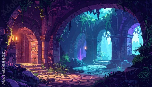 Enchanted Forest Ruins with Fantasy Game Background, and Magical Archway.