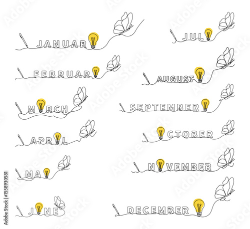 A creative set of 12 hand-drawn month names using a continuous one-line style, each featuring a glowing yellow light bulb and an elegant butterfly.