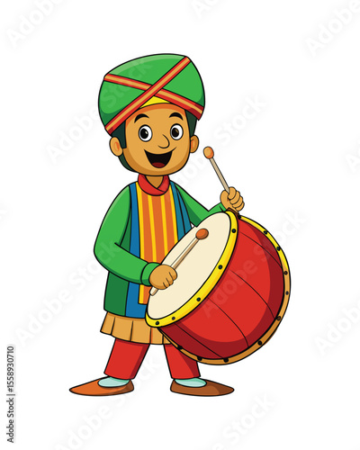 Cartoon Drummer Character - Traditional Drums and Colorful Attire