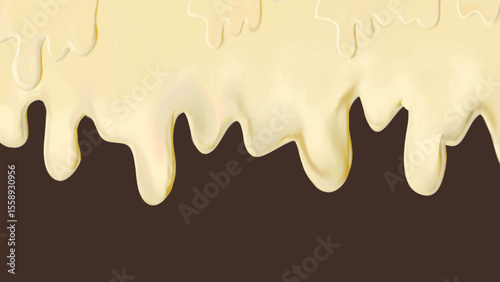 Delicious creamy vanilla dripping texture with soft shadows and highlights, flowing against a deep chocolate brown background. Ideal for sweet food-themed compositions or dessert branding