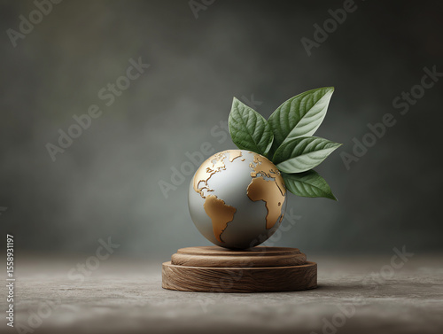 Golden globe trophy with green leaves on wooden base symbolizing environmental sustainability and achievement on neutral background