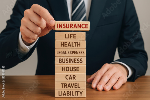 A man is holding a stack of wooden blocks with the word insurance on top. The blocks are labeled with different categories such as life, health, legal expenses, business, house, car, travel