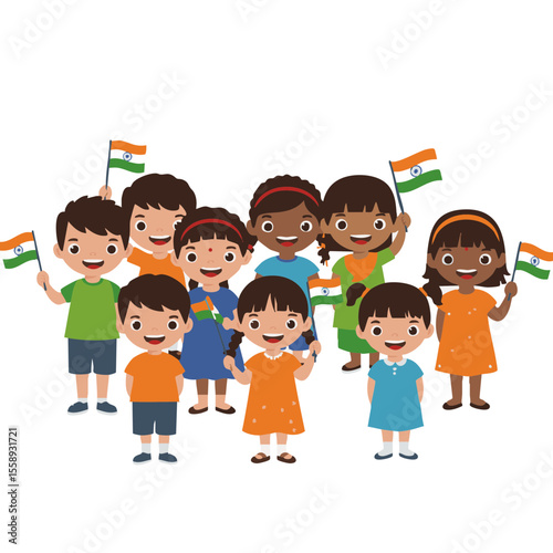 Multicultural Kids Holding Indian Flags in Unity, Flat Vector Icon