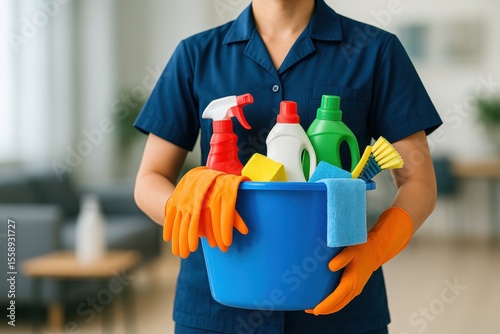 A woman is holding a blue bucket with cleaning supplies in it. The bucket is filled with various cleaning products, including a bottle of Windex, a bottle of dish soap