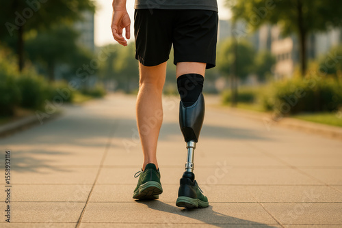 A man with a prosthetic leg walks down a sidewalk. Concept of determination and resilience, as the man continues to walk despite his disability