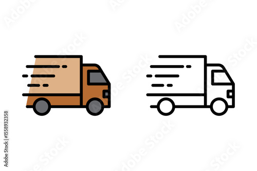 Flat and outline icon of a delivery truck with speed lines, symbolizing express shipping or fast delivery service. Ideal for use in courier app UI, logistics dashboard. vector graphic
