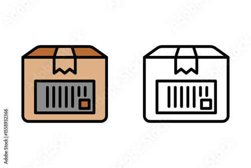 Flat and outline icon of a cardboard shipping box with a barcode label. This icon represents a package ready for delivery or inventory management. Ideal for use in logistics dashboards. vector graphic