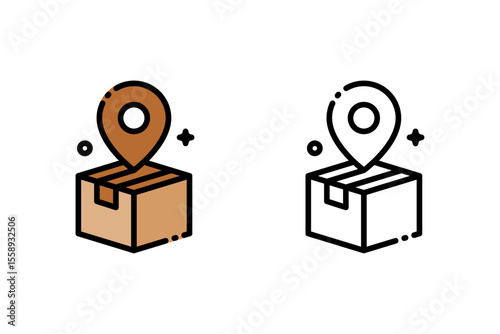 Flat and outline vector icon of a cardboard box with a location pin on top, representing delivery tracking or shipment location status. Perfect for use in logistics and courier apps, order tracking