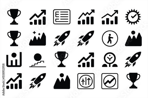Collection of business and success icons in a simple black silhouette style