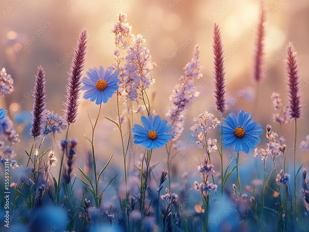 Obraz premium Blurred background of misty meadow, delicate wildflowers in dreamy greens and blues