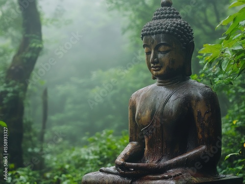 Serene Buddha Statue Surrounded by Lush Green Forest Mist