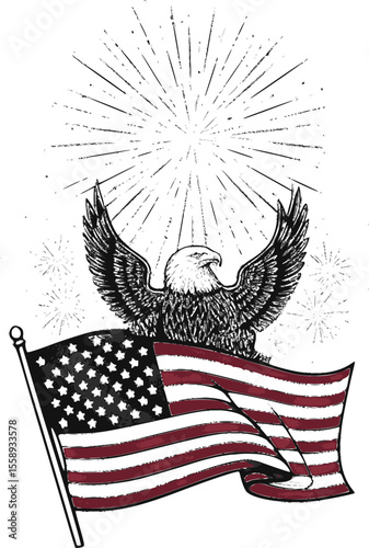A majestic bald eagle soars above a waving American flag, set against a celebratory burst of fireworks.
