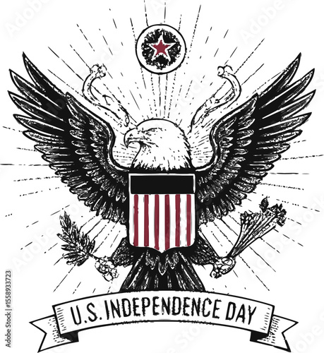 A majestic bald eagle, symbol of the United States, proudly displays the nation's shield, encircled by rays of light, celebrating Independence Day.